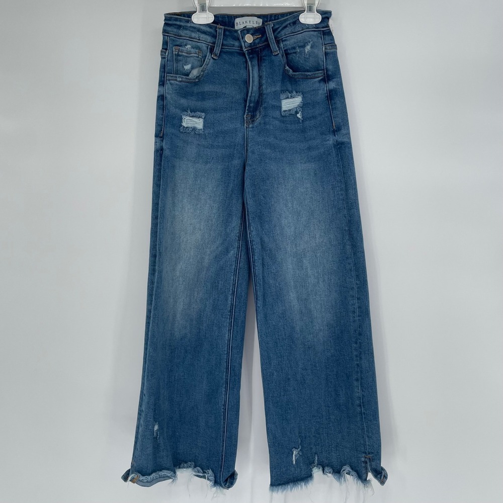 Blakeley Women Distressed Wide Leg Jeans Medium Wash Raw Hem Size 3